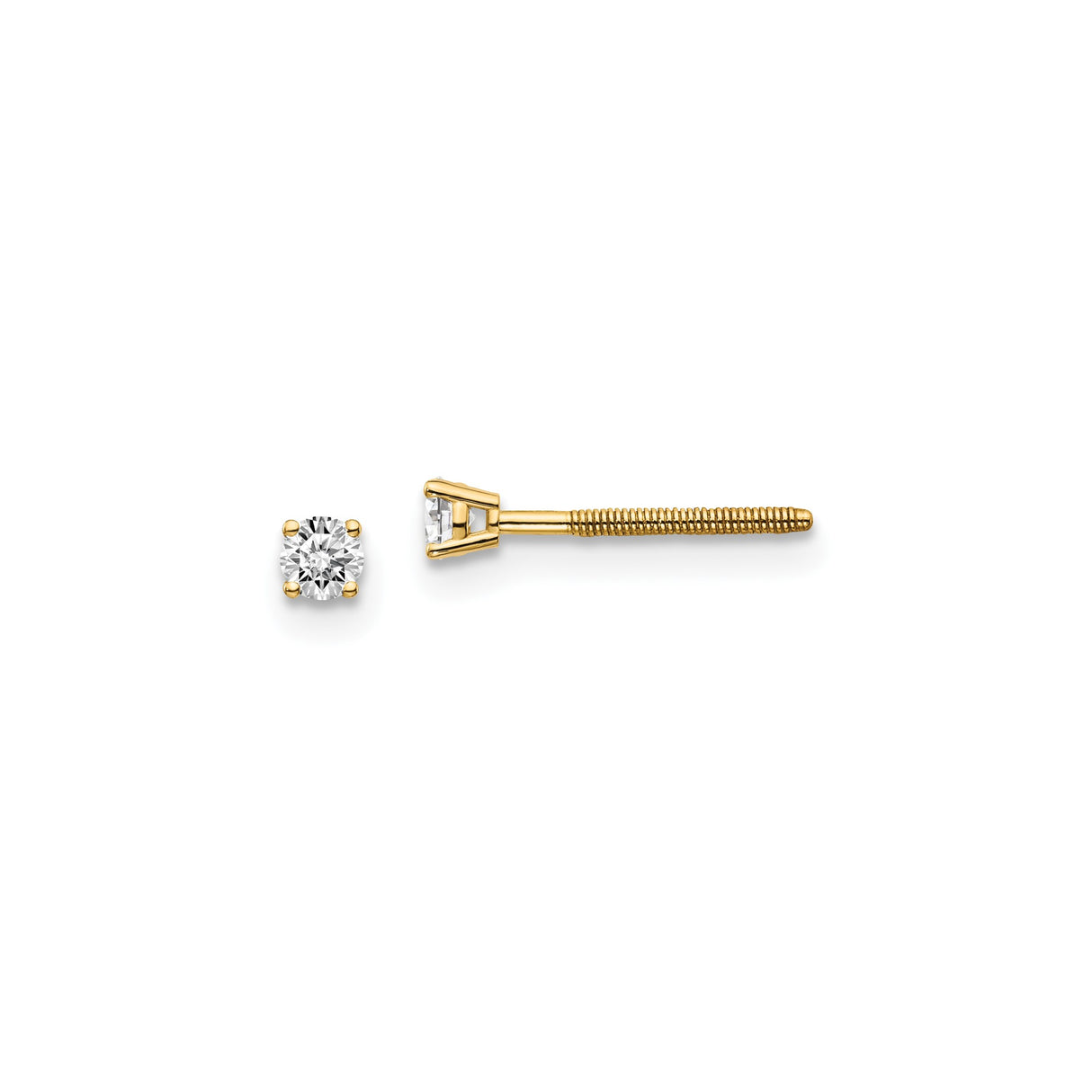 14k Yellow Gold Solitaire Stud Earrings with Round Cut Diamond, Four Prong Setting, Screw Back