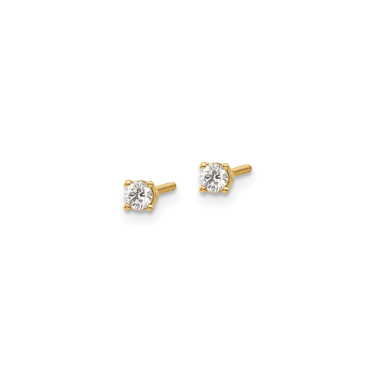 14k Yellow Gold Stud Earrings with Round Cut Diamond, Four Prong Setting, Screw Back