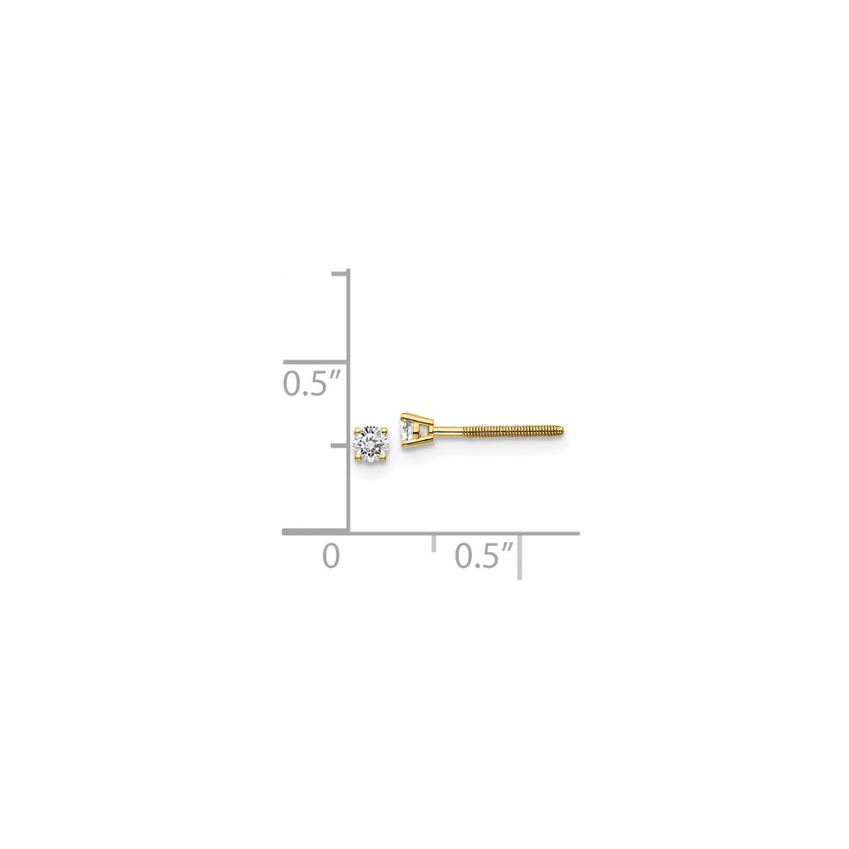 14k Yellow Gold Stud Earrings with Round Cut Diamond, Four Prong Setting, Screw Back