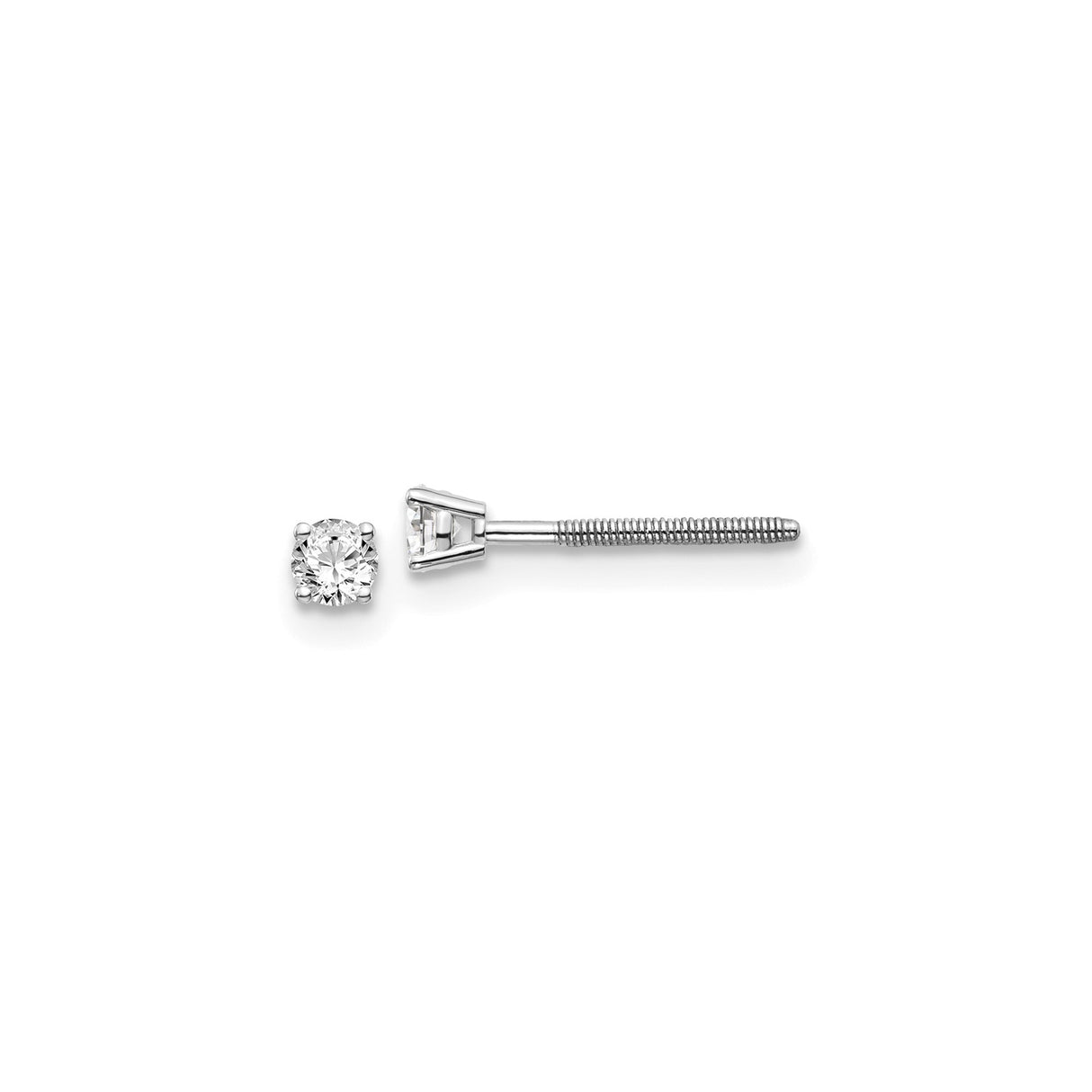 14k White Gold Diamond Solitaire Stud Earring, Round Cut, Four Prong, Screw Back