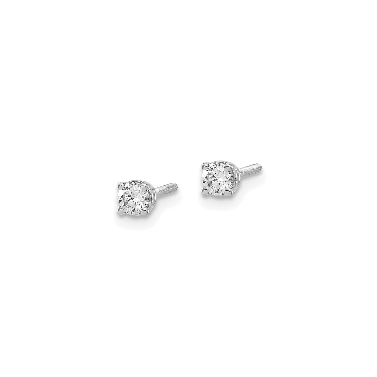 14k White Gold Diamond Stud Earrings, Round Cut Solitaire, Four-Prong Setting, Screw Back
