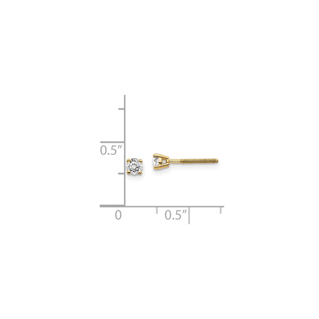 14k Yellow Gold Solitaire Stud Earrings with Round Diamond, Four Prong Setting, Screw Back