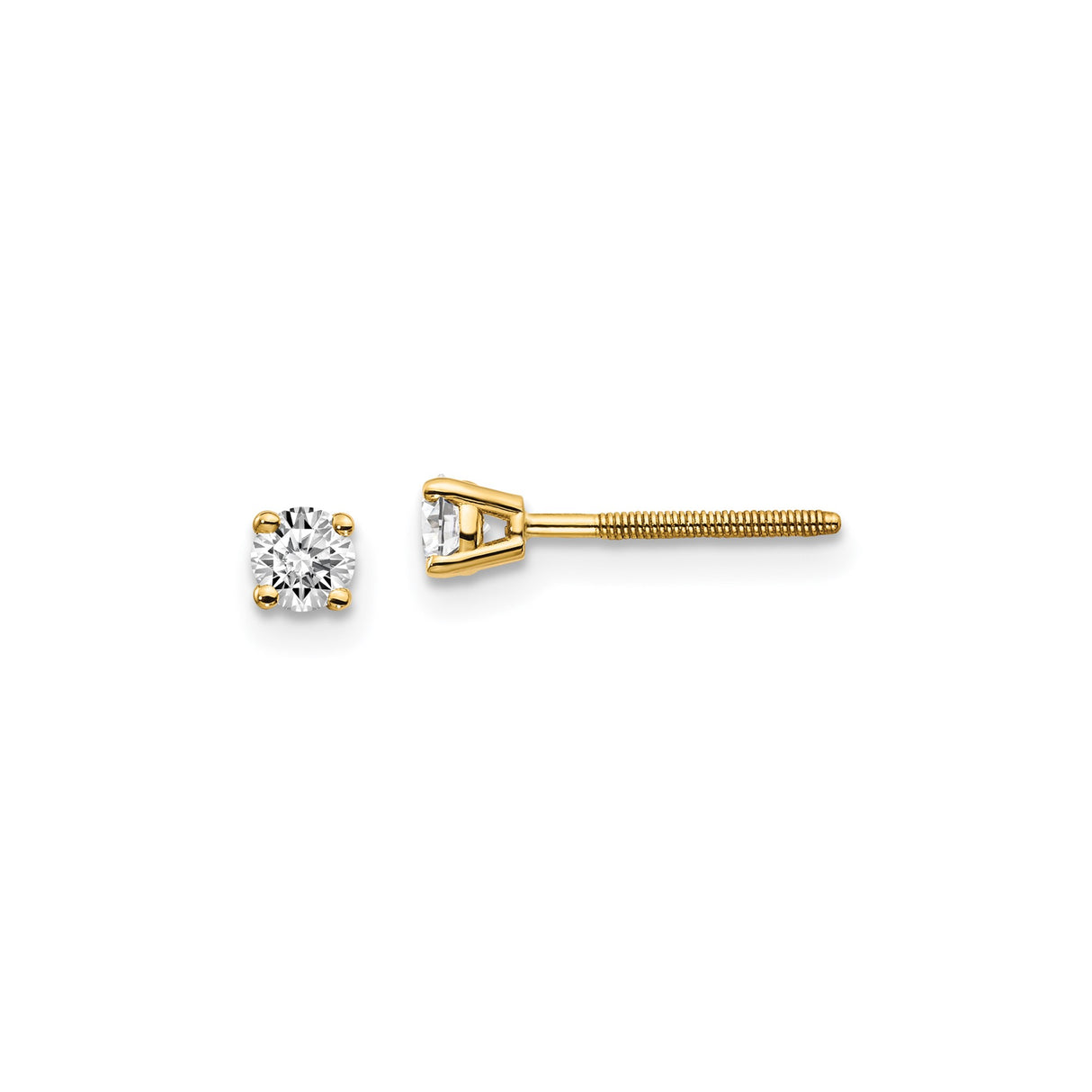 14k Yellow Gold Solitaire Stud Earrings with Diamond, Four Prong Setting, Screw-Backs