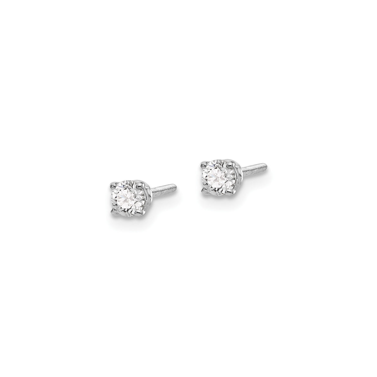 14k White Gold Diamond Stud Earrings, Round Cut Solitaire in Prong Setting, Screw Back