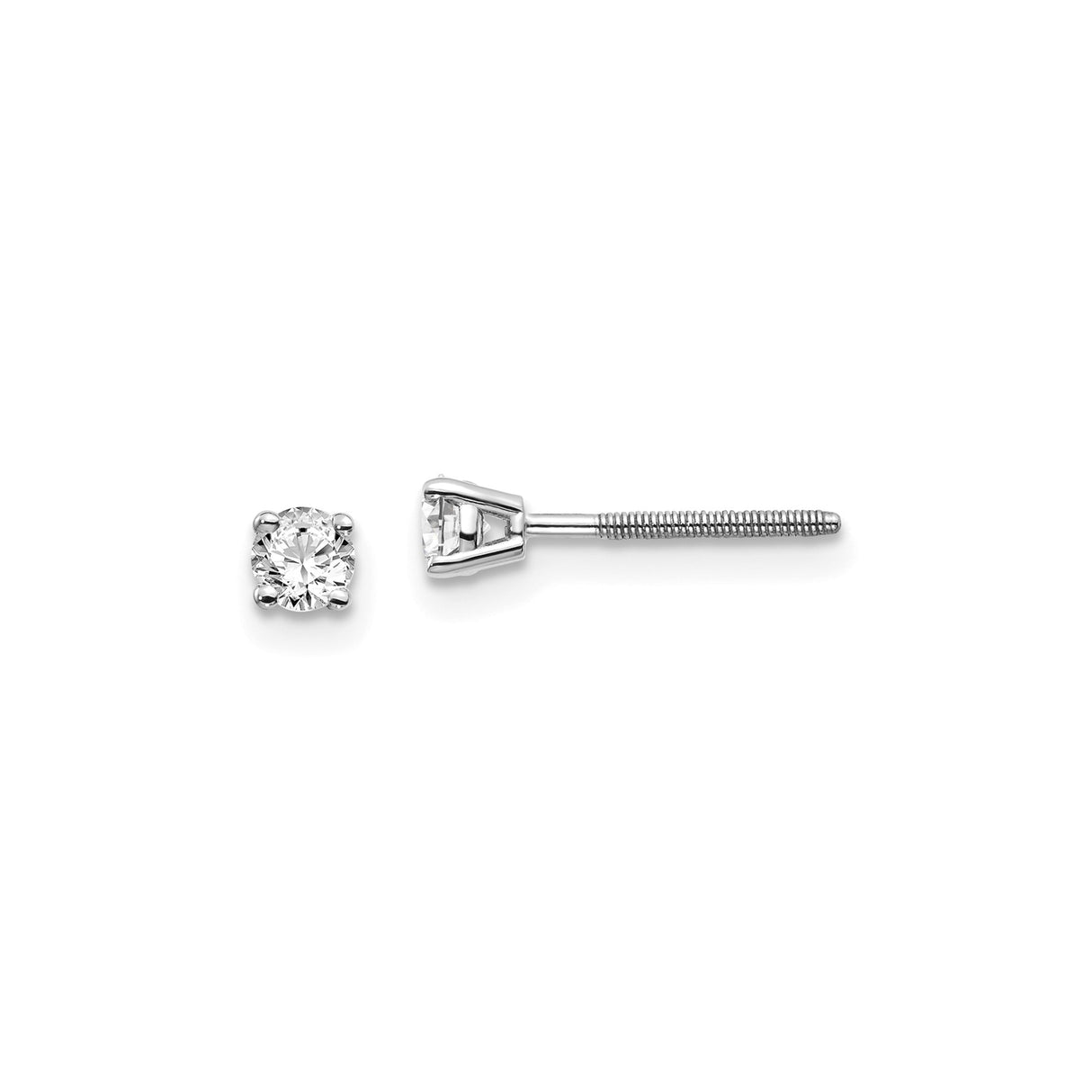 14k White Gold Diamond Stud Earrings, Round Cut Solitaire in Prong Setting, Screw Back