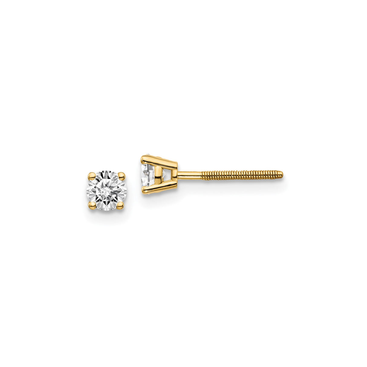 14k Yellow Gold Diamond Stud Earrings, Round Cut Solitaire with Screw Back