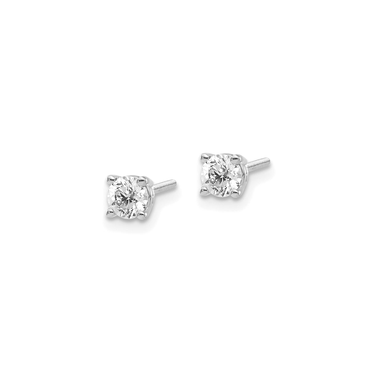 14k White Gold Solitaire Stud Earrings with Round Diamond, Four-Prong Setting, Screw Backs