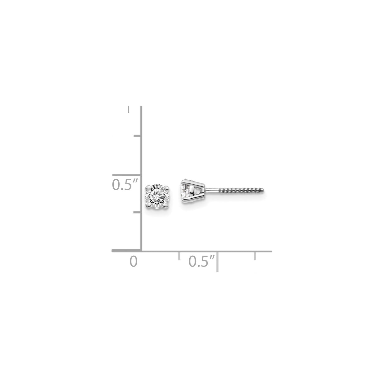 14k White Gold Solitaire Stud Earrings with Round-Cut Diamond in Four-Prong Setting, Screw Back