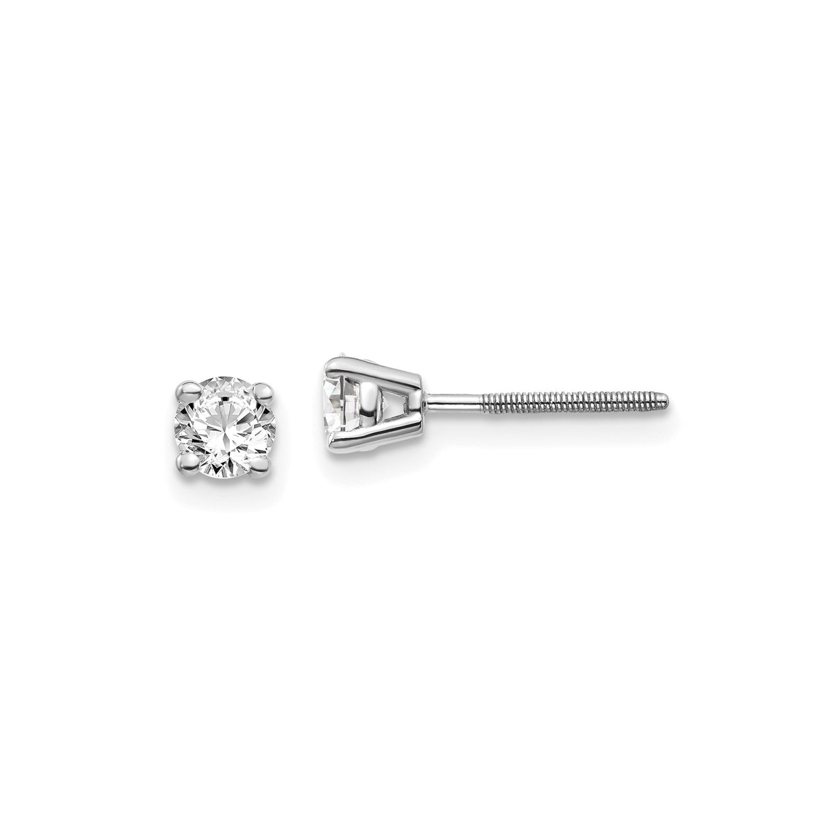 14k White Gold Solitaire Stud Earrings with Round Diamond, Four-Prong Setting, Screw Backs