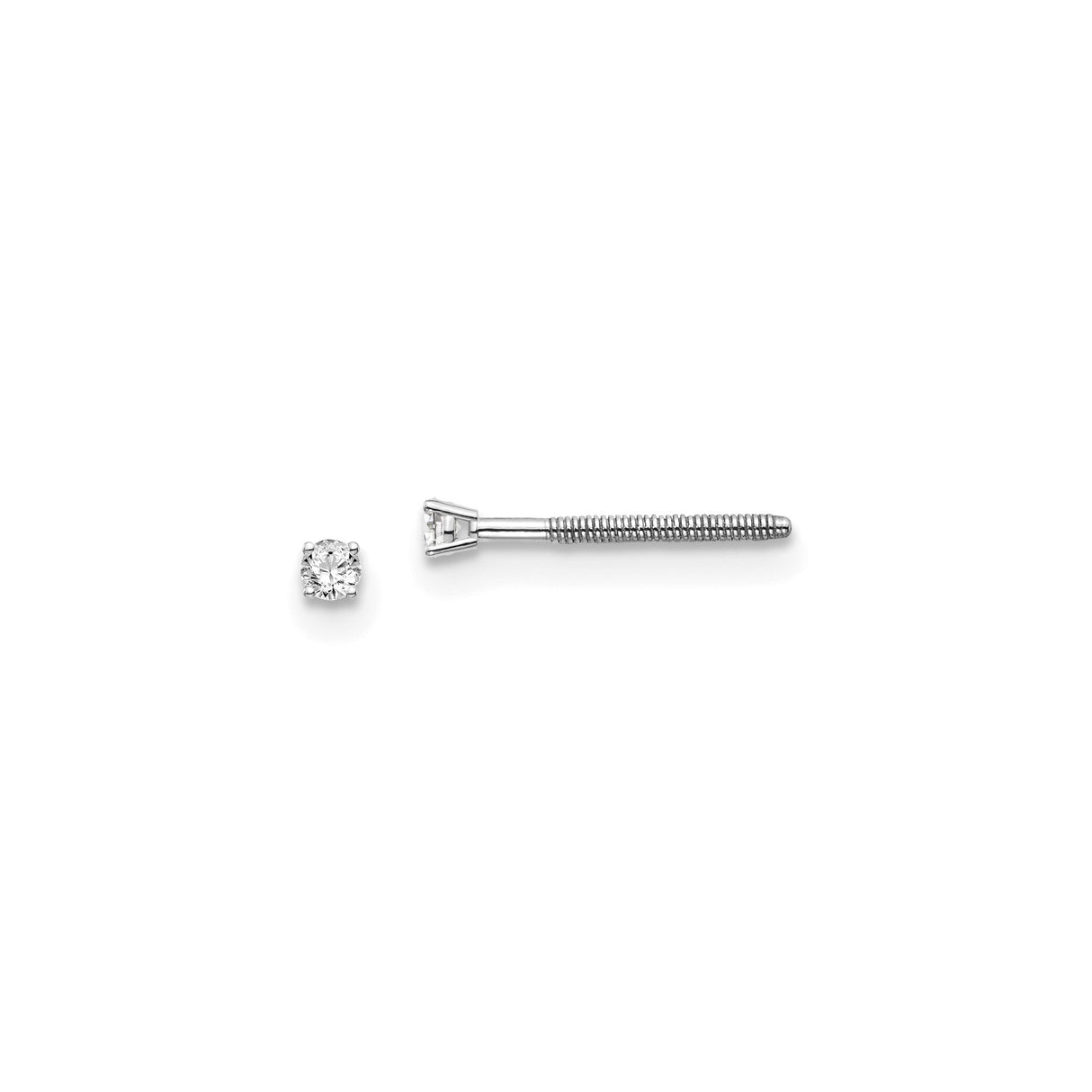 14k White Gold Diamond Stud Earring, Round Cut Solitaire, Four Prong, Screw Back, Classic Style