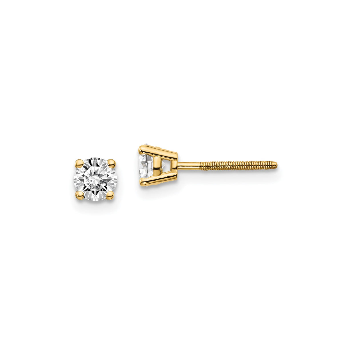 14k Yellow Gold Stud Earrings with Round Diamond in Four Prong Solitaire Setting, Screw-Back Style