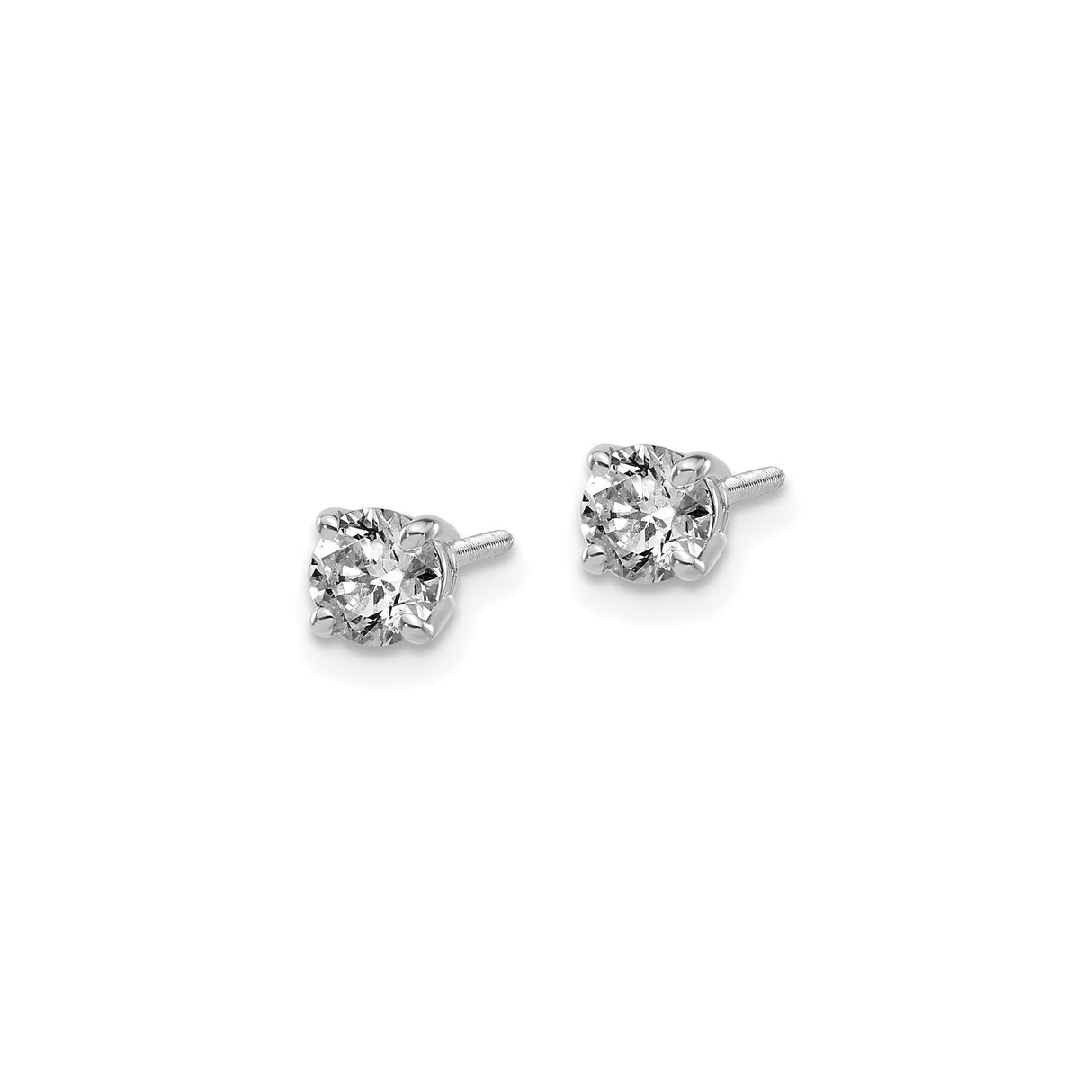 14k White Gold Diamond Solitaire Stud Earrings, Four Prong Setting, Screw Back