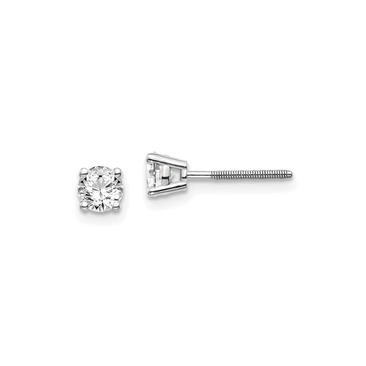 14k White Gold Diamond Solitaire Stud Earrings, Four Prong Setting, Screw Back