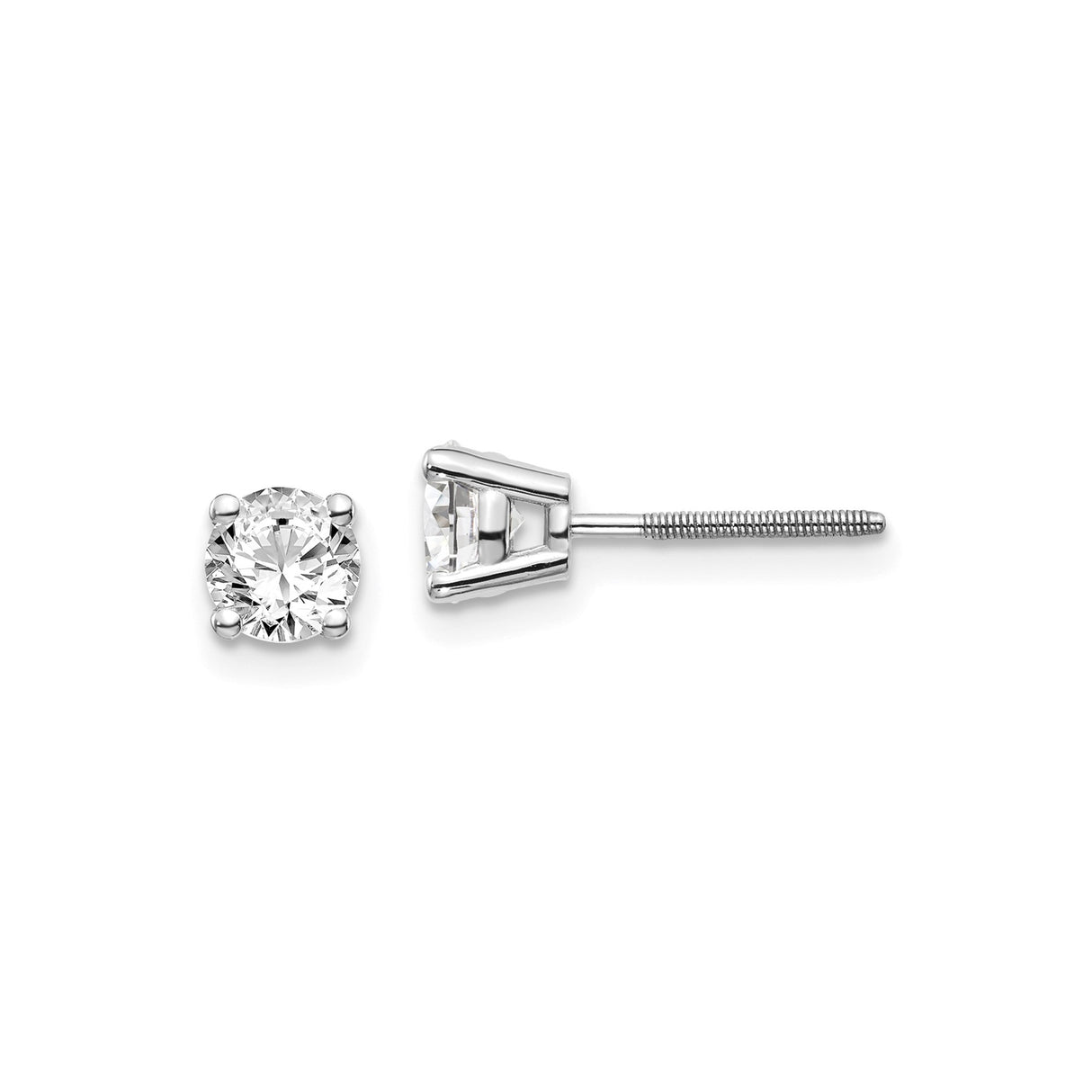 14k White Gold Solitaire Stud Earrings with Round Cut Diamond, Screw Back