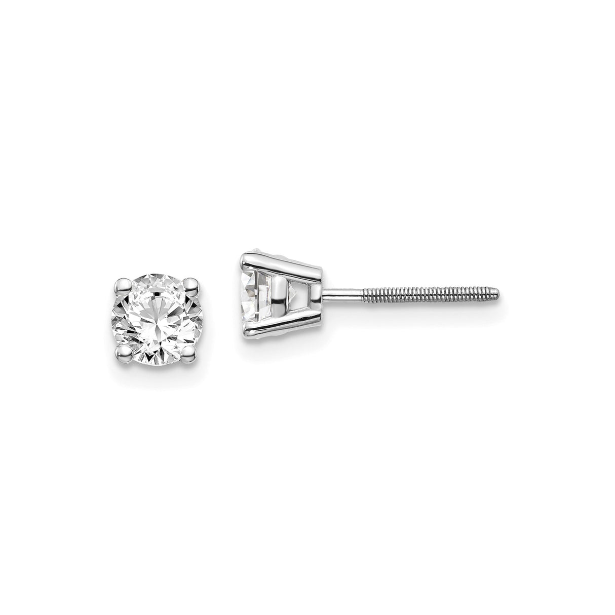 14k White Gold Solitaire Stud Earrings with Round Diamond in Four Prong Setting, Screw Backs