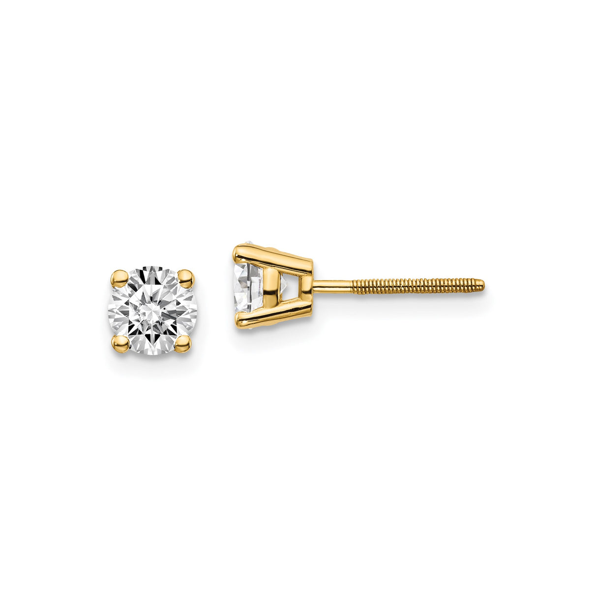 14k Yellow Gold Solitaire Stud Earrings with Round Diamond, Four Prong Setting, Screw Back