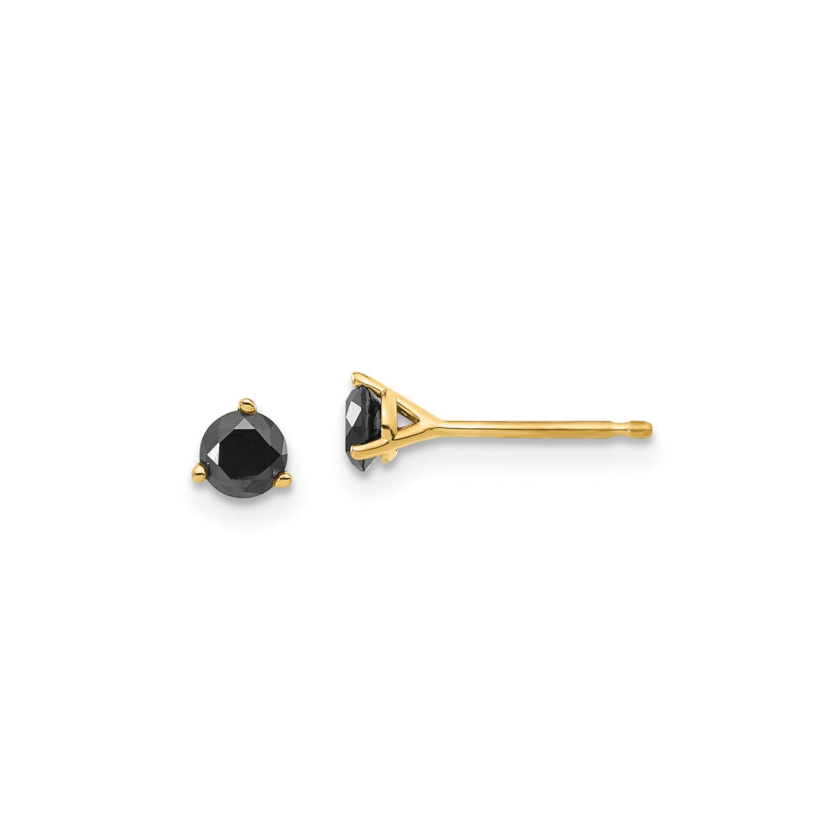 14k Yellow Gold Stud Earrings with Black Diamond, Round Cut Minimalist Design for Women
