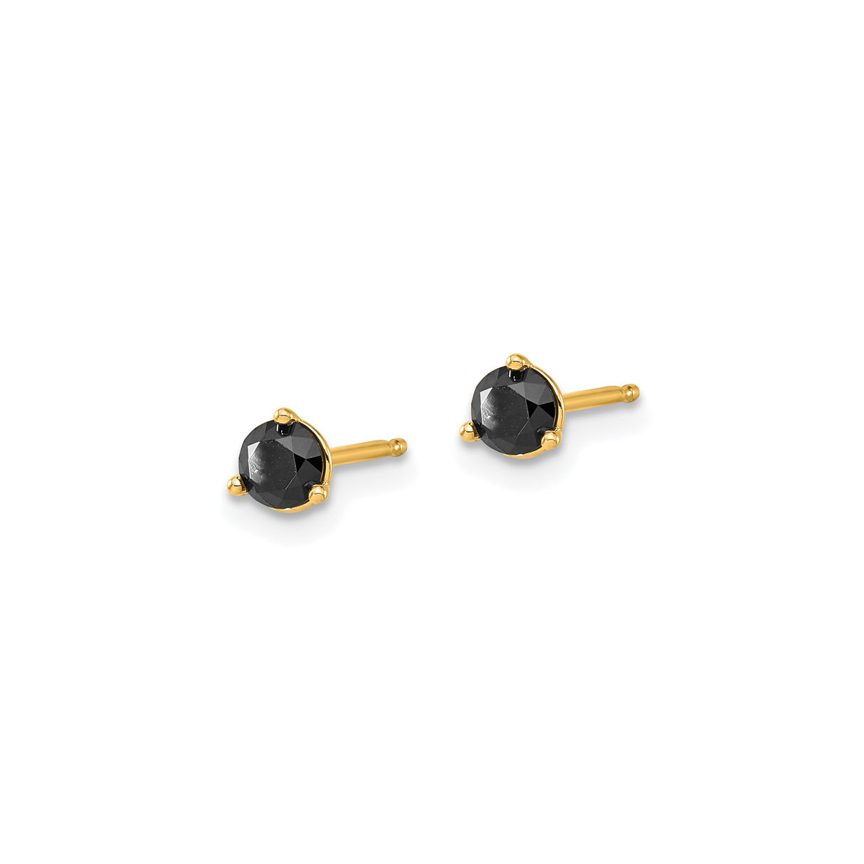 14k Yellow Gold Stud Earrings with Round Black Diamonds, Three Prong Minimalist Design