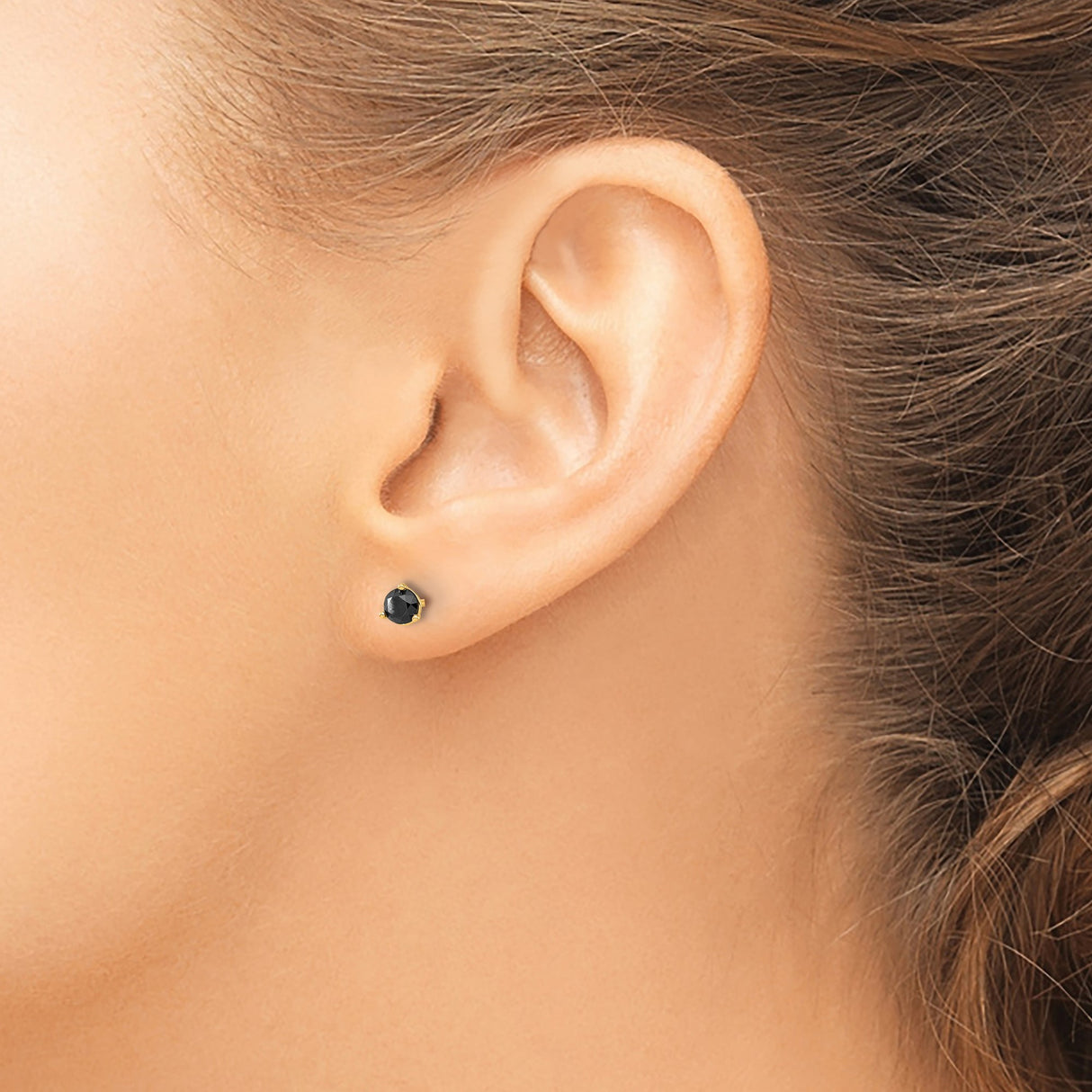 14k Yellow Gold Stud Earrings with Round Black Diamonds, Three Prong Minimalist Design