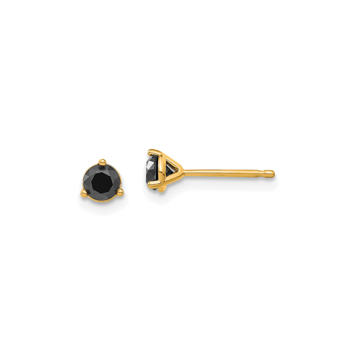14k Yellow Gold Stud Earrings with Round Black Diamonds, Three Prong Minimalist Design