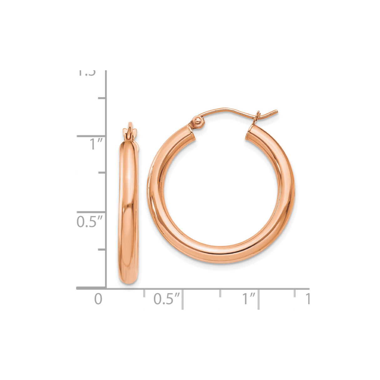 14k Rose Gold Hoop Earrings, Classic Round Polished Hoops with Hinged Snap Closure