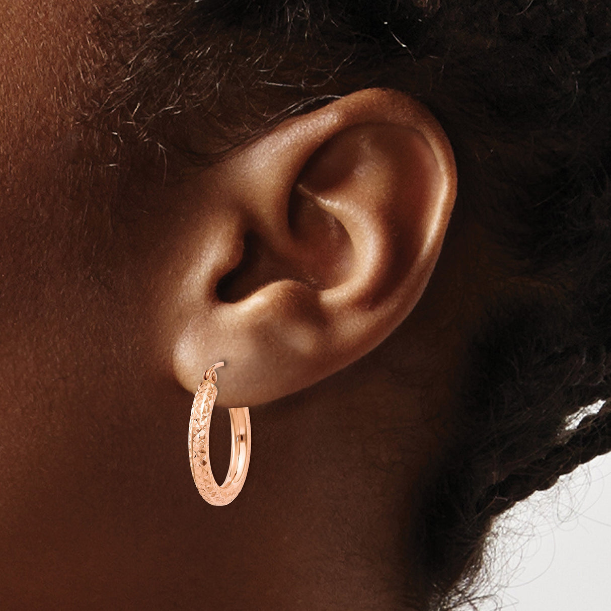 14k Rose Gold Hoop Earrings, Diamond Cut Textured Finish, Lightweight Polished Style