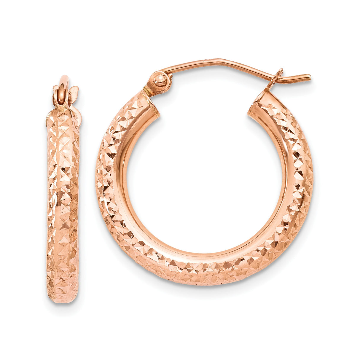 14k Rose Gold Hoop Earrings, Diamond Cut Textured Finish, Lightweight Polished Style