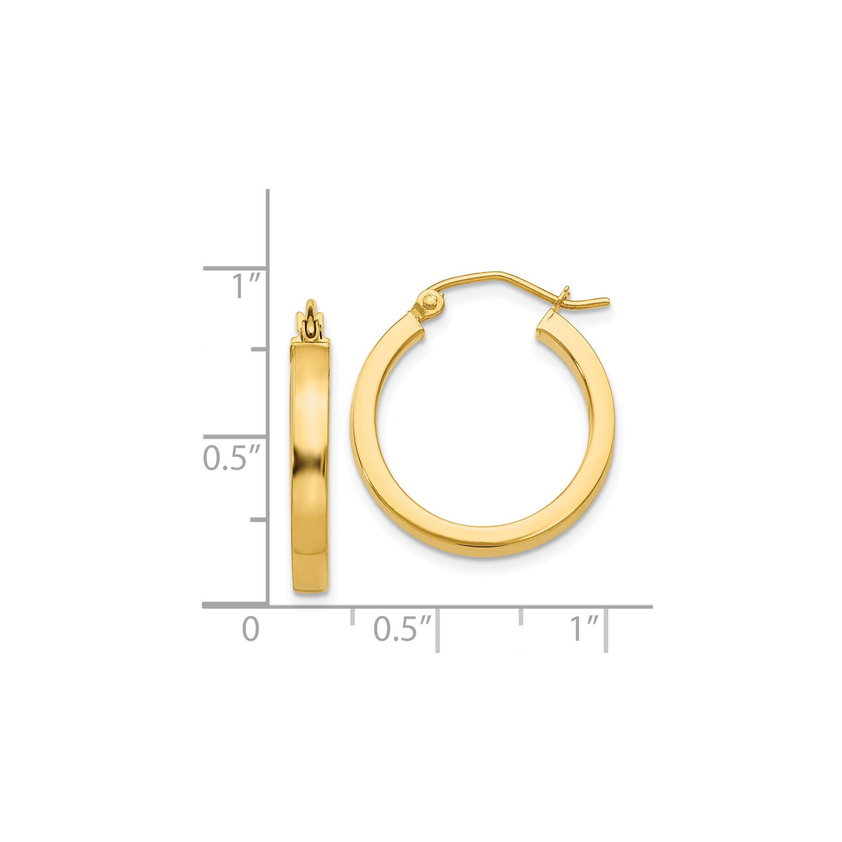 14k Yellow Gold Hoop Earrings with Flat Edge Design, Medium Size, Hinged Clasp, Polished Finish