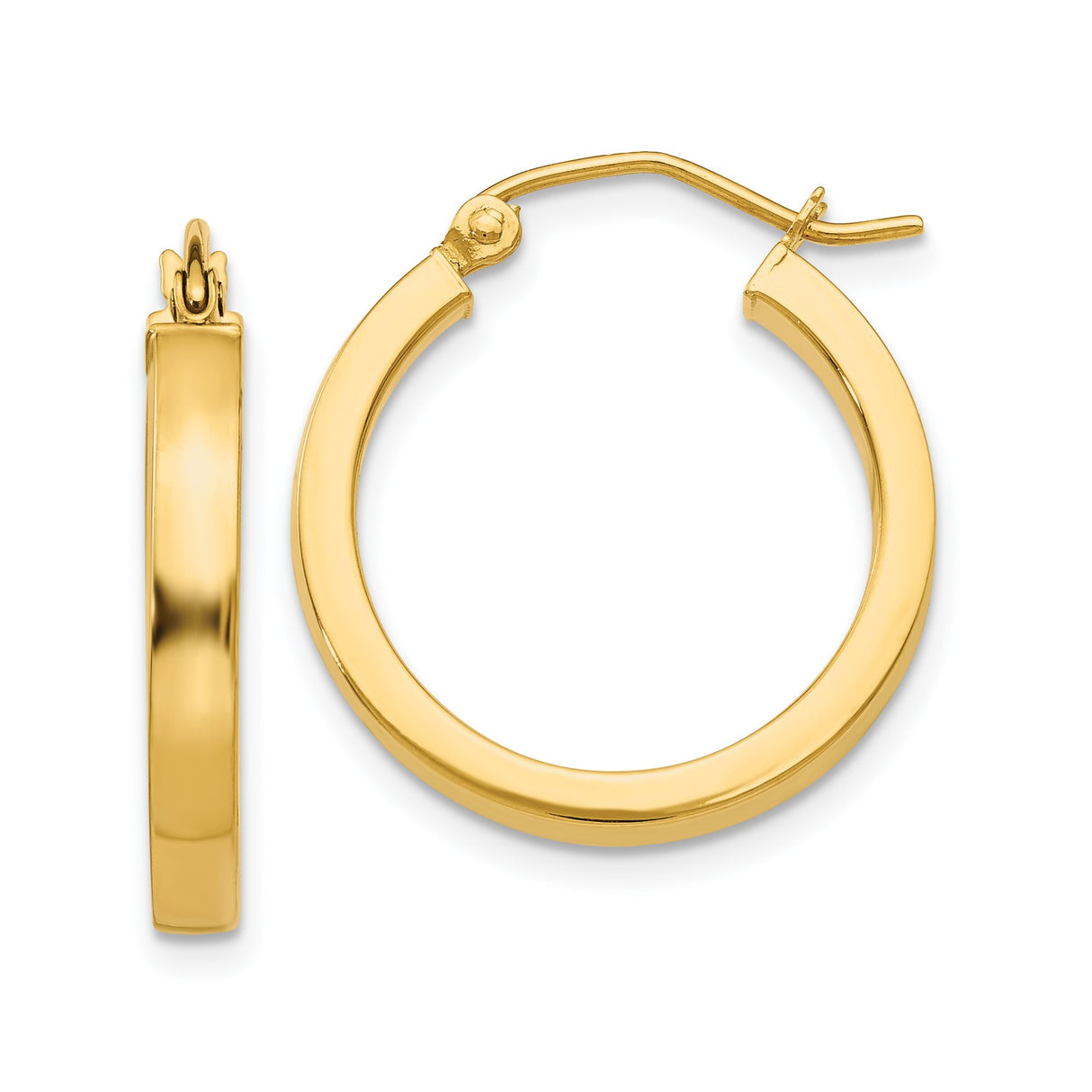 14k Yellow Gold Hoop Earrings with Flat Edge Design, Medium Size, Hinged Clasp, Polished Finish
