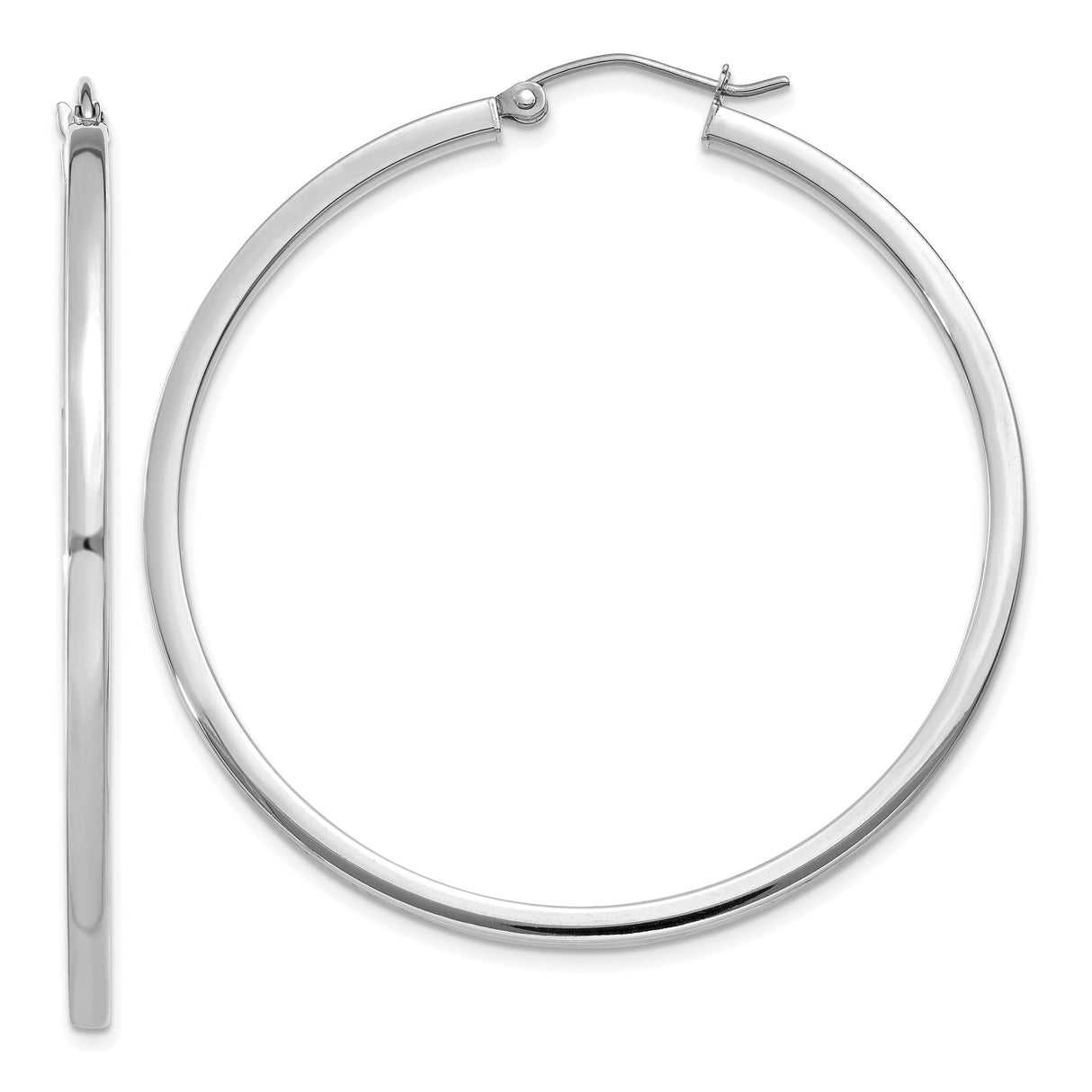 14k White Gold Hoop Earrings, Classic Polished Round Lightweight Design with Hinged Closure