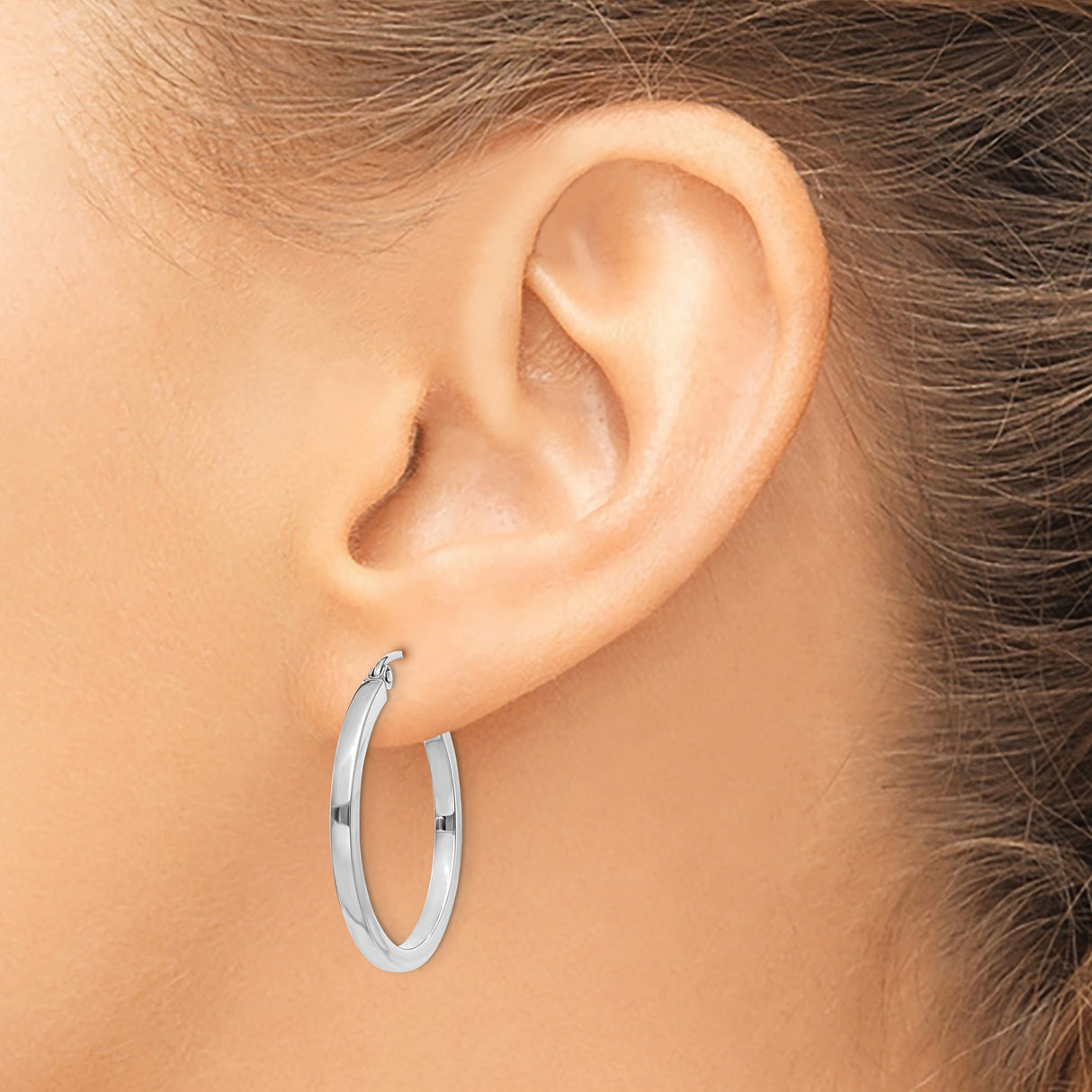 14k White Gold Hoop Earrings, Classic Round Tube Style, Polished Lightweight Design for Women