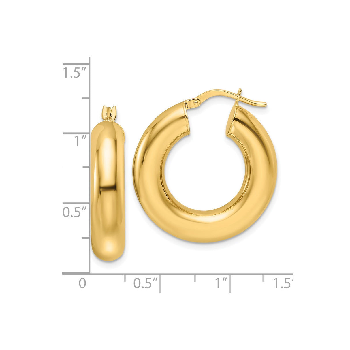14k Yellow Gold Chunky Hoop Earrings, Smooth Polished Round Tube Design for Women