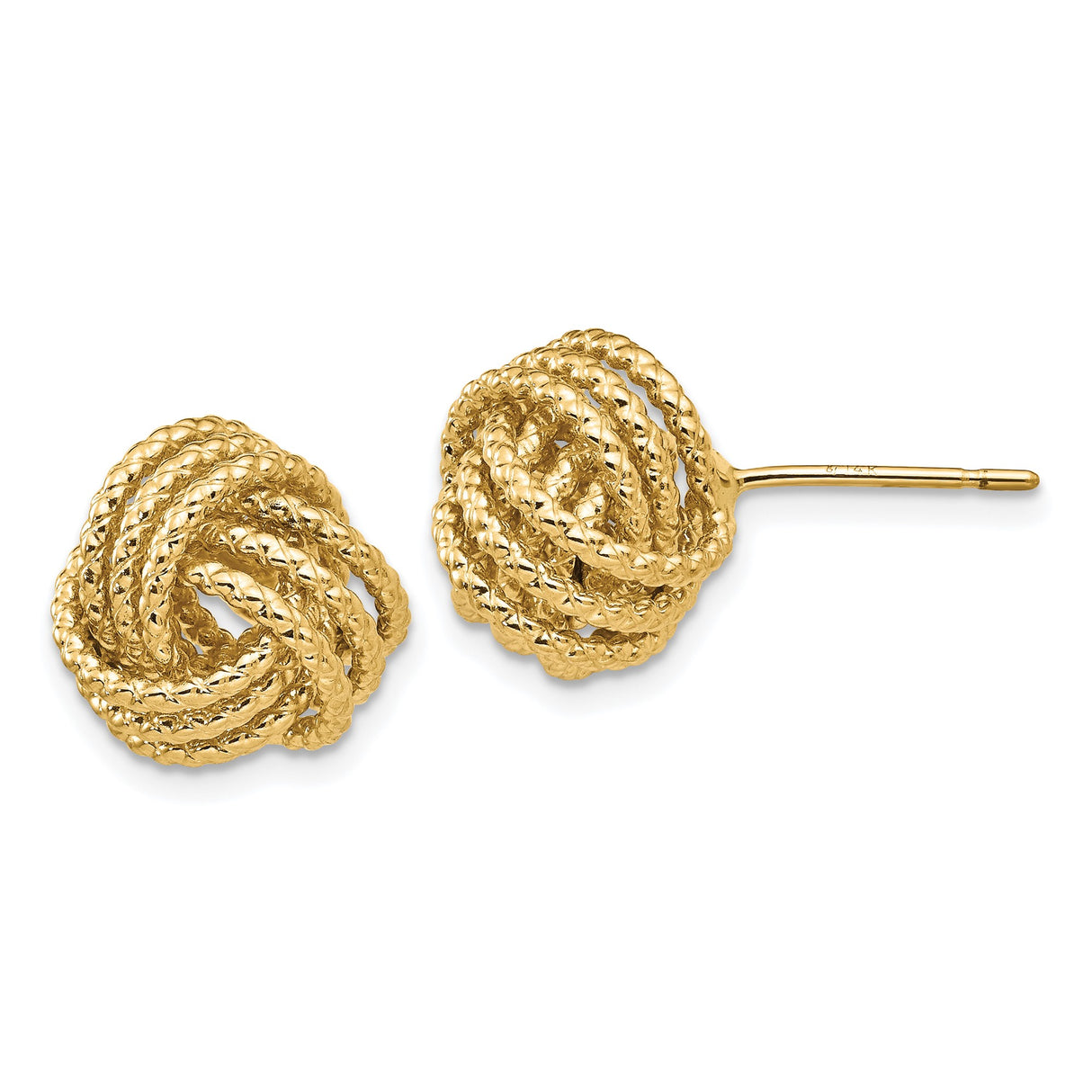14k Yellow Gold Love Knot Stud Earrings with Textured Rope Twist Design