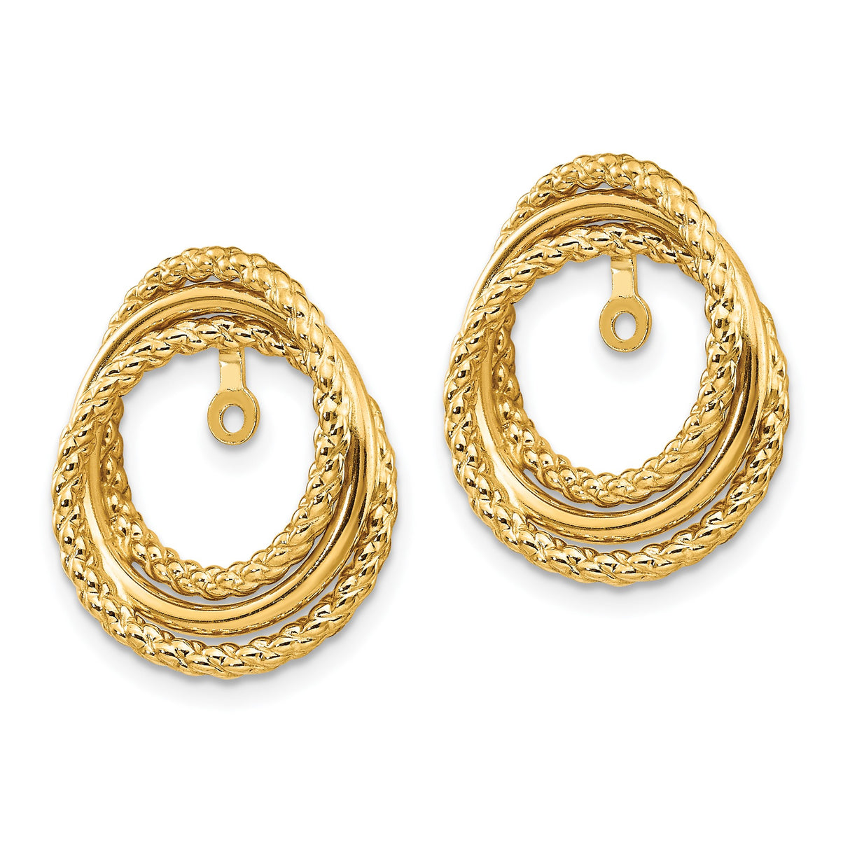 14k Yellow Gold Hoop Earrings with Interlocking Braided Circles, Polished and Textured Design