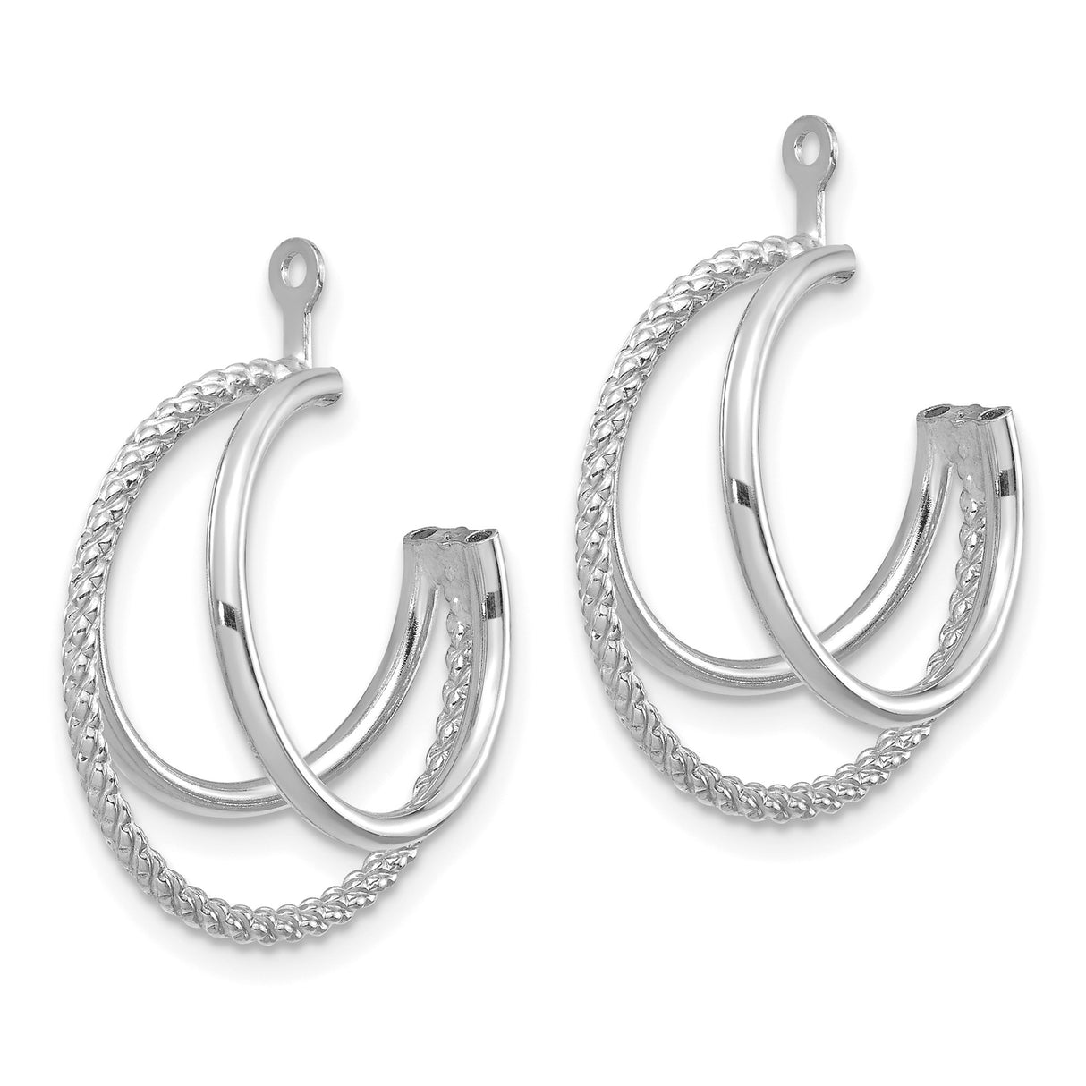 14k White Gold Triple Hoop Earrings with Braided Texture and Polished Finish