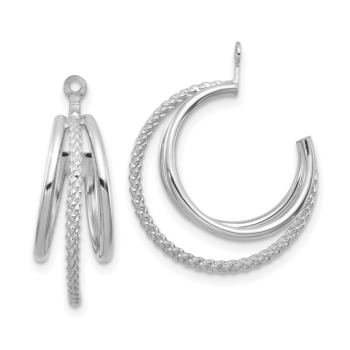 14k White Gold Triple Hoop Earrings with Braided Texture and Polished Finish