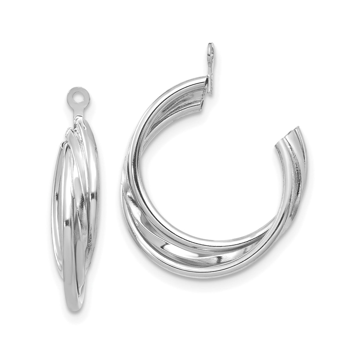 14k White Gold Hoop Earrings, Twisted Triple Row Polished Design, Lightweight Modern Style