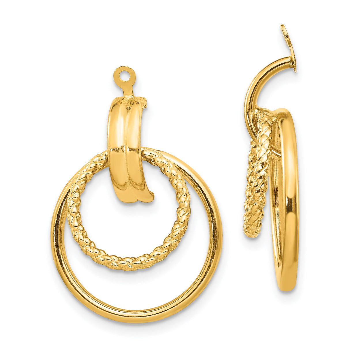 14k Yellow Gold Dangle Earrings with Interlocking Polished and Braided Circle Hoops