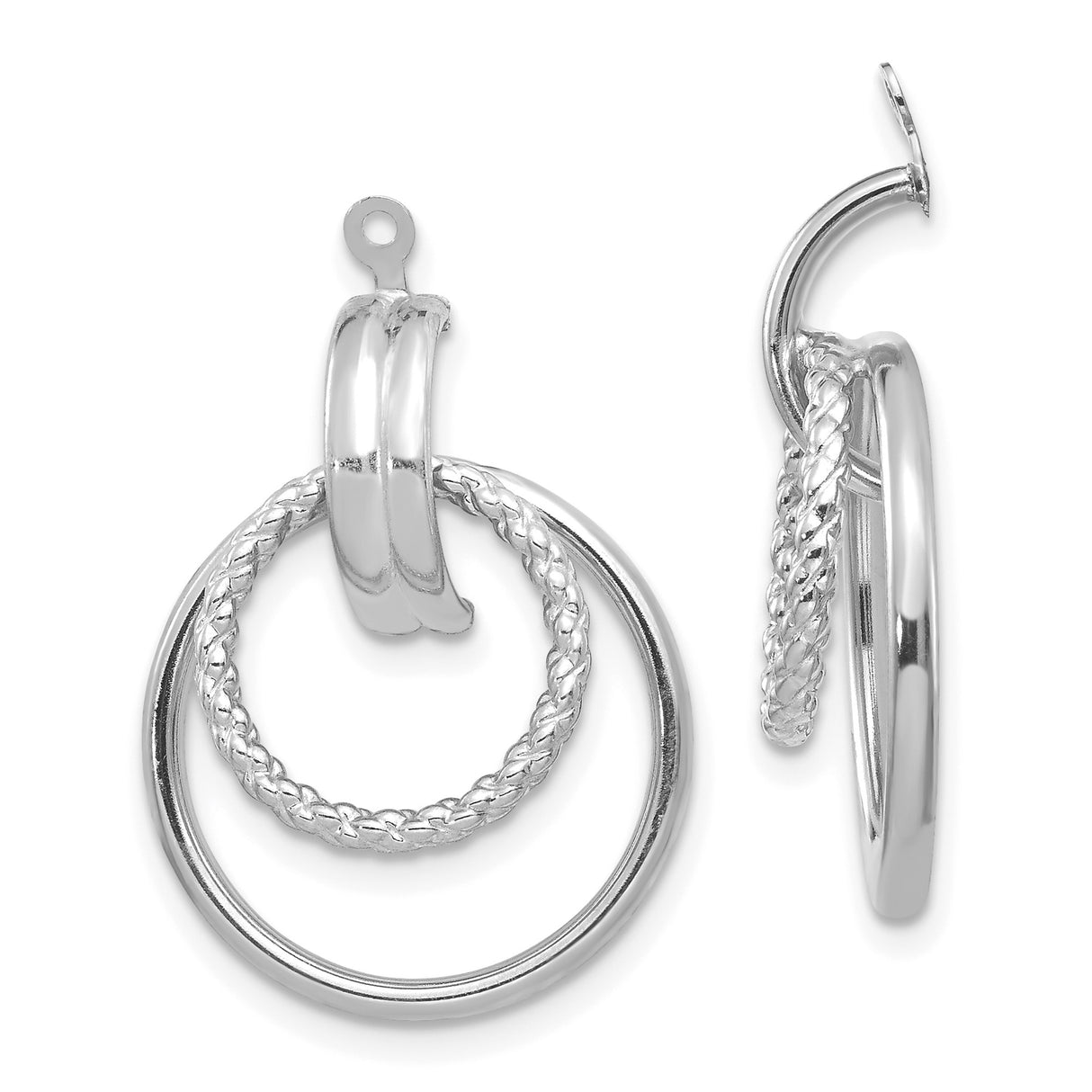 14k White Gold Dangle Earrings with Interlocking Polished and Braided Hoop Circles