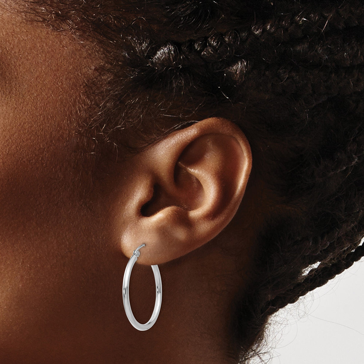 14k White Gold Hoop Earrings, Small Polished Round Hoops with Latch Back Closure