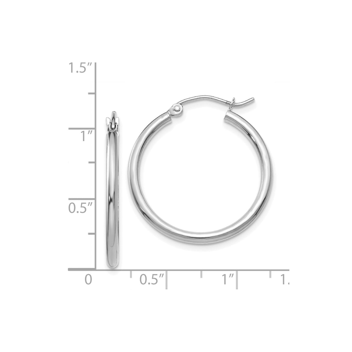 14k White Gold Hoop Earrings, Small Polished Round Hoops with Latch Back Closure