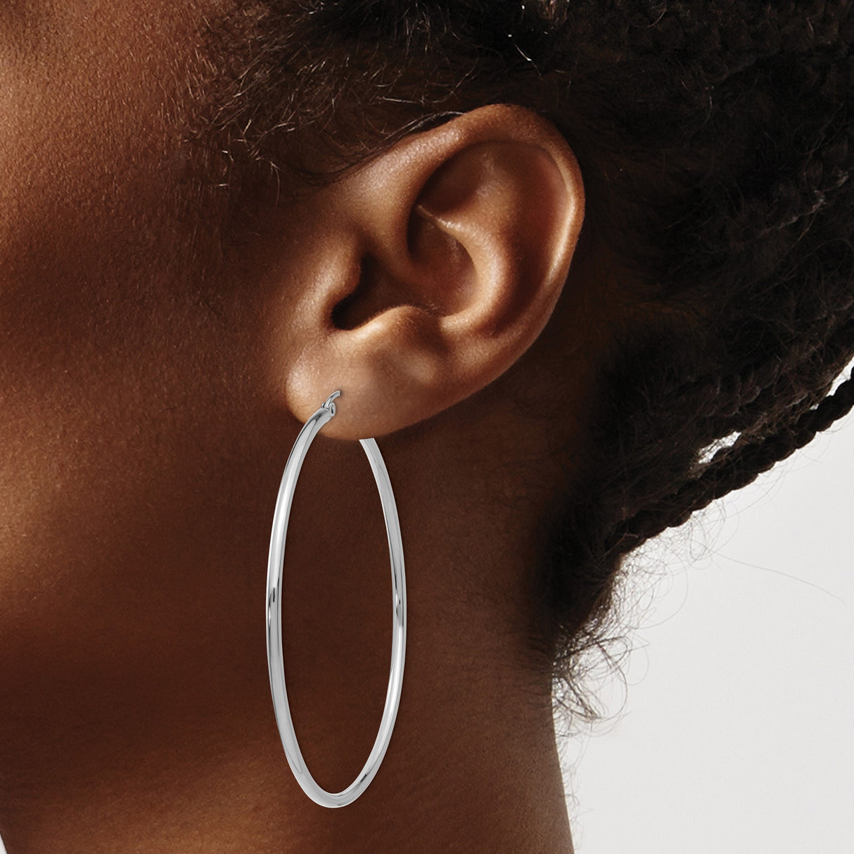 14k White Gold Hoop Earrings, Minimalist Round Design with Seamless Latch Back Closure