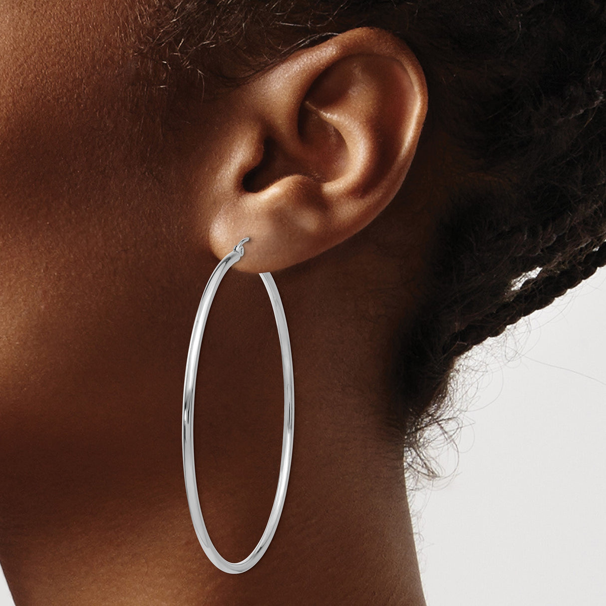 14k White Gold Hoop Earrings, Large Polished Round Hoops, Minimalist Lightweight Design for Women
