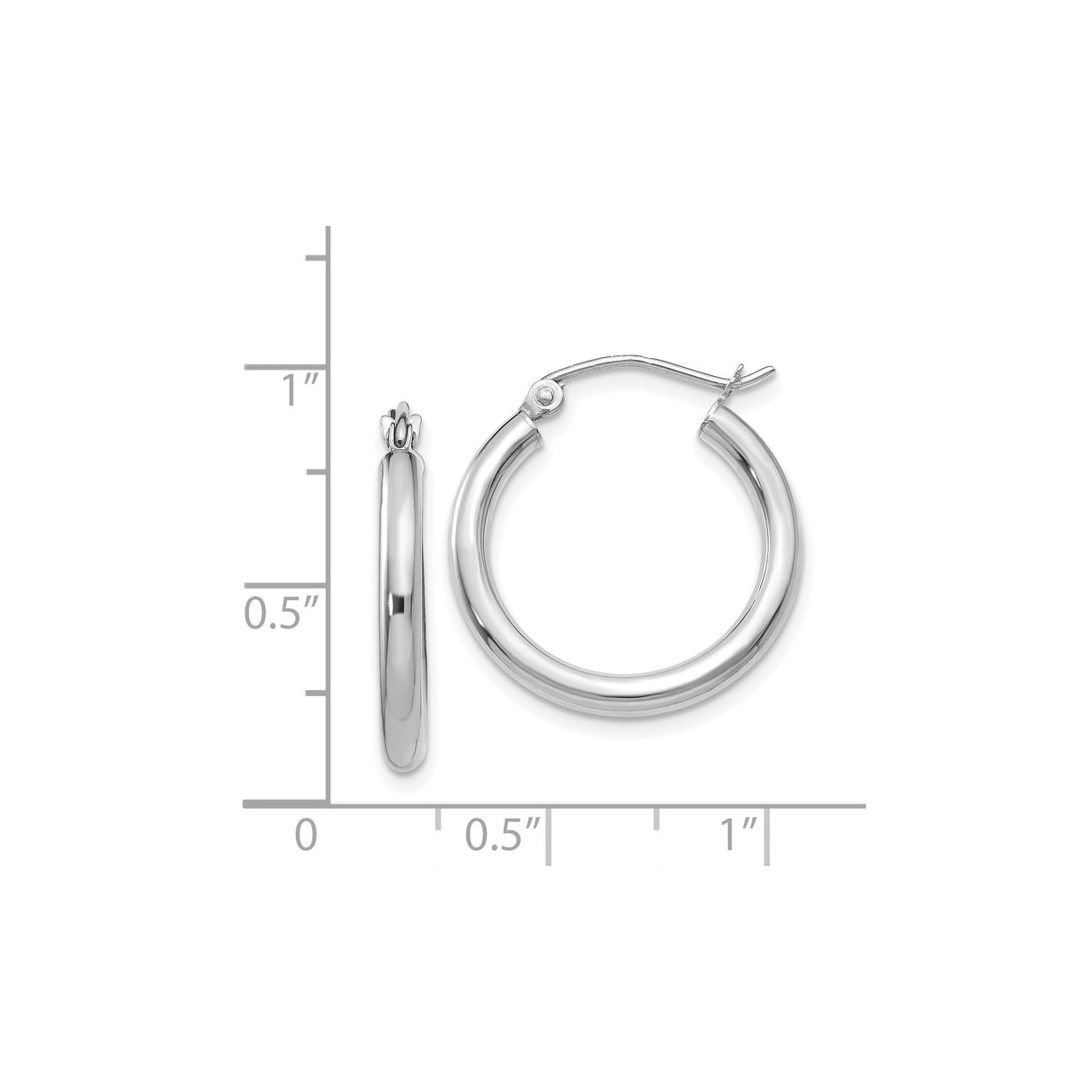 14k White Gold Hoop Earrings, Lightweight Polished Round Design, Hinged Closure
