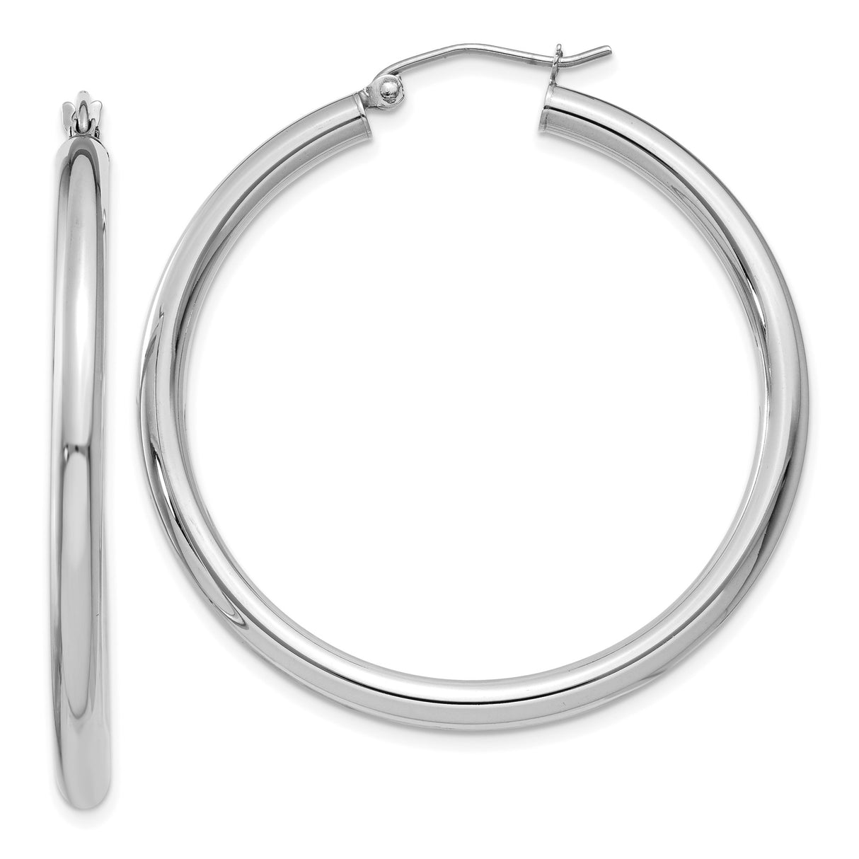 14k White Gold Hoop Earrings, Polished Lightweight Round Design with Hinge Closure
