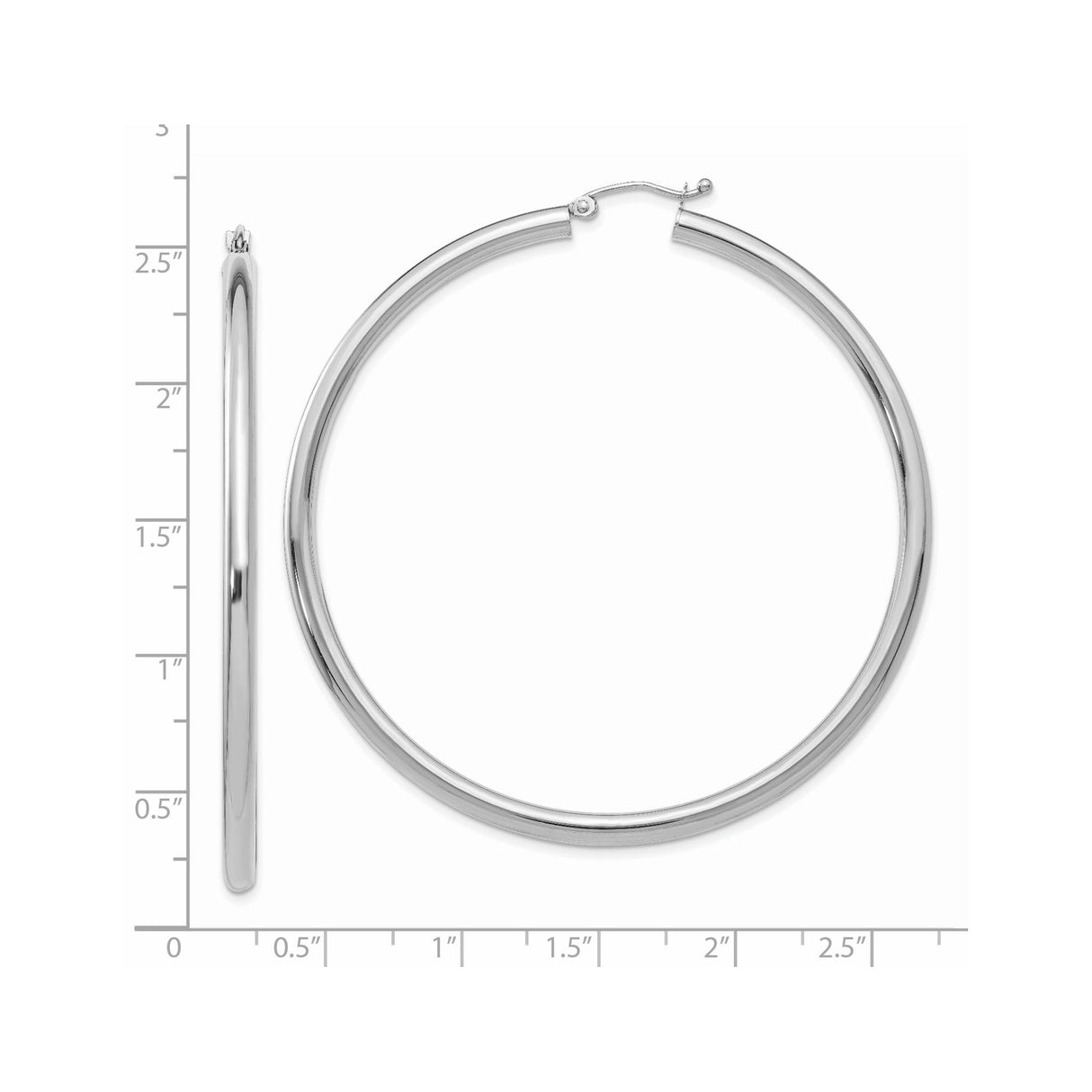 14k White Gold Hoop Earrings, Large Polished Round Hoops with Latch Closure for Women