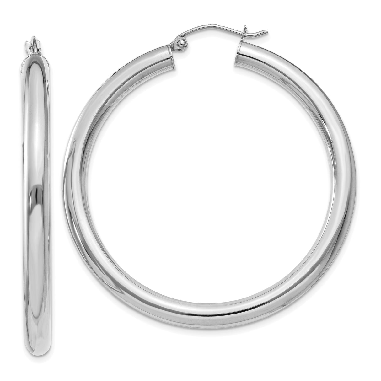 14k White Gold Hoop Earrings, Large Polished Round Design with Latch-Back Closure