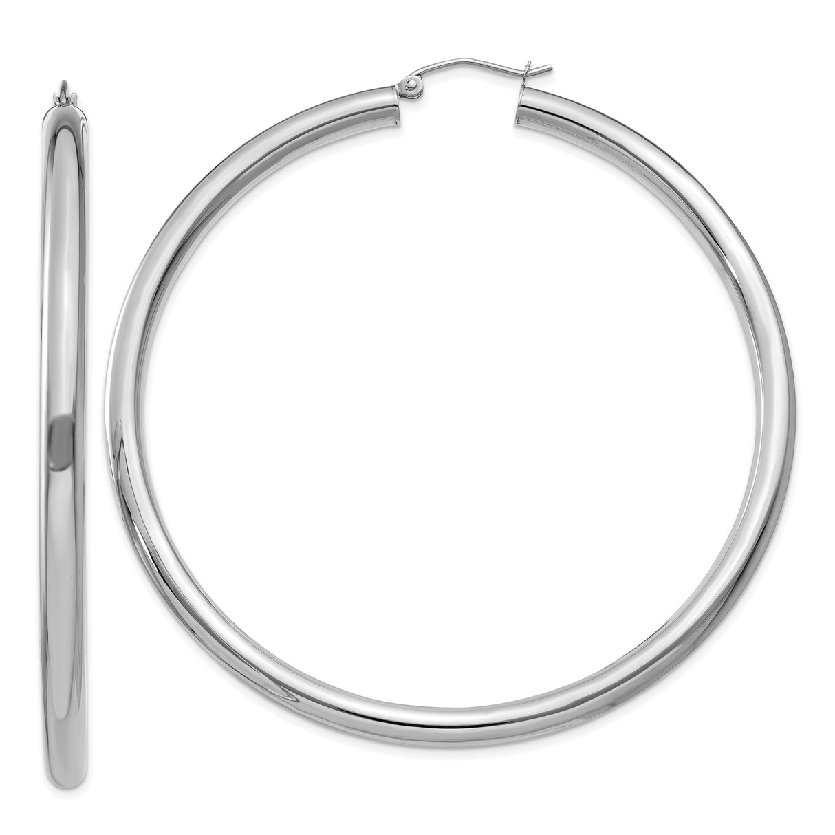 10k White Gold Hoop Earrings, Classic Polished Round Tube Design, Latch Back Closure, Lightweight