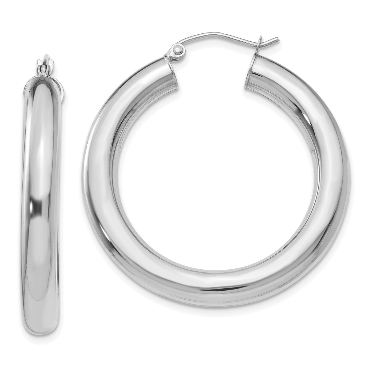 14k White Gold Hoop Earrings, Classic Polished Round Design, Minimalist Everyday Style