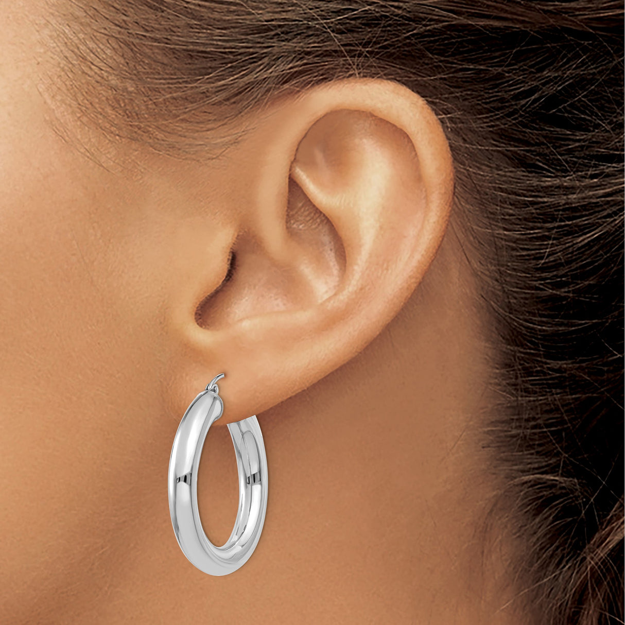 14k White Gold Hoop Earrings, Medium Tubular Polished Design, Lightweight Jewelry for Women